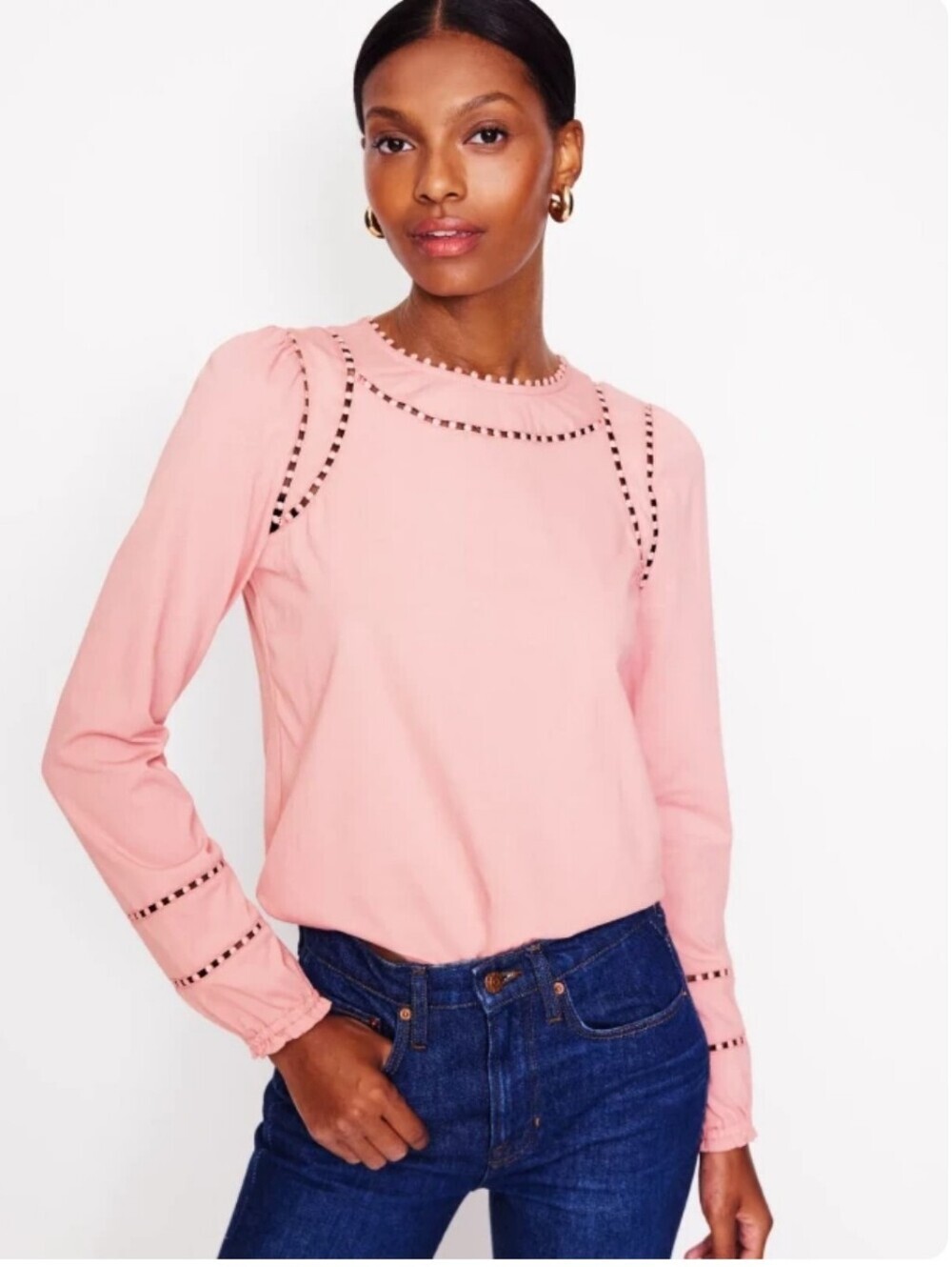 Boden Mila Pink PomPom Long Blouson Sleeve Neutral Balletcore Size Large